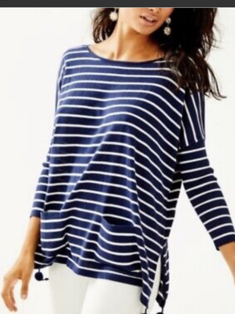Lilly Pulitzer Navy Stripe Coolmax ELBA Sweater With Tassels Size SMALL $138